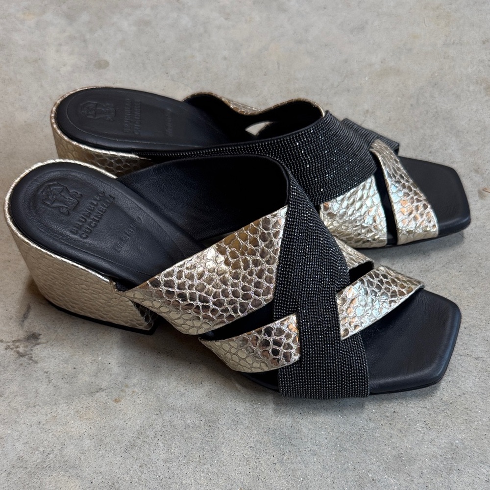 Brunello Cucinelli Metallic Snake-Embossed & Black Crisscross Mules
